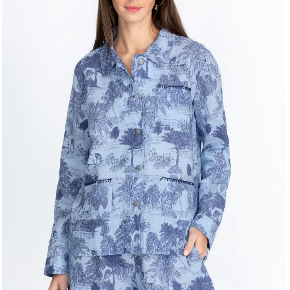 Johnny Was Workshop Amichi Worker Jacket Jungle Toile Print Blue LARGE Linen